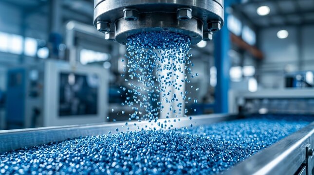 Detailed close up of blue plastic pellets being produced in a modern manufacturing machine.