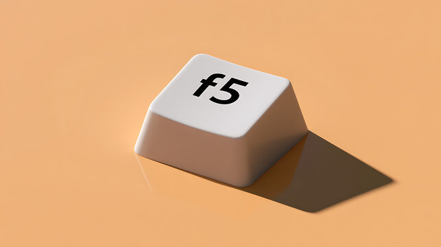 Minimalist white computer key with 'f5' character on a clean peach background, casting a dramatic shadow, focus on technology and refresh