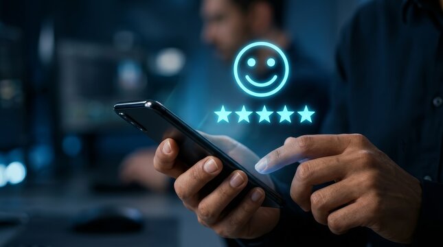 A person holding a smartphone with a smiley face icon and five stars rating hovering above.
