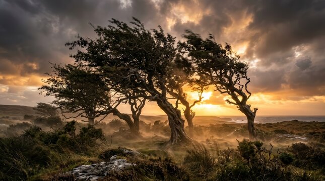 Majestic trees bending in a powerful wind storm during a golden sunset.