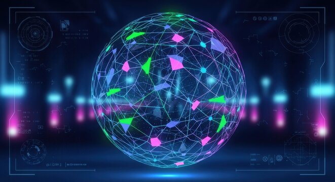 futuristic digital sphere with vibrant neon colors and intricate network patterns
