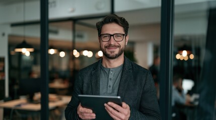 Fototapeta na wymiar Happy young business man executive holding pad computer at work. Male professional employee using digital tablet fintech device standing in office checking financial online market data