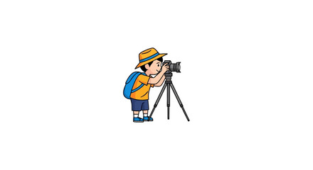 Fototapeta premium Cartoon boy photographer using camera on tripod.