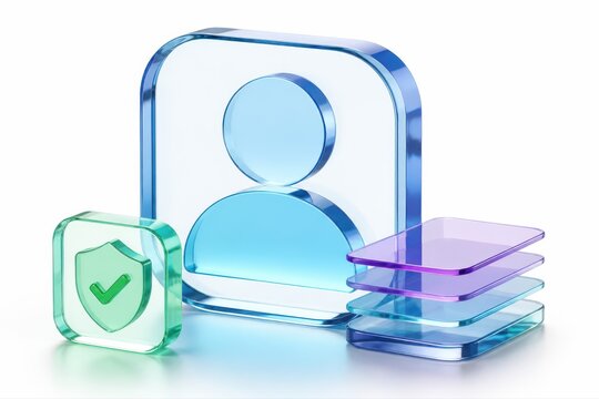 3D user profile icon with security shield and layered cards for digital identity