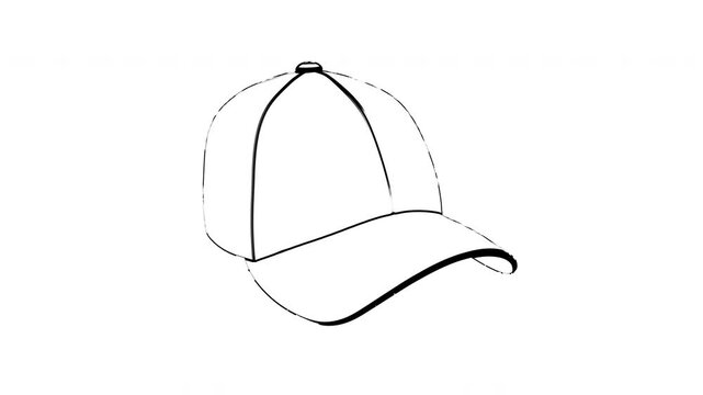Baseball hat cap pencil style outline 3d Rotation loop on white and black background