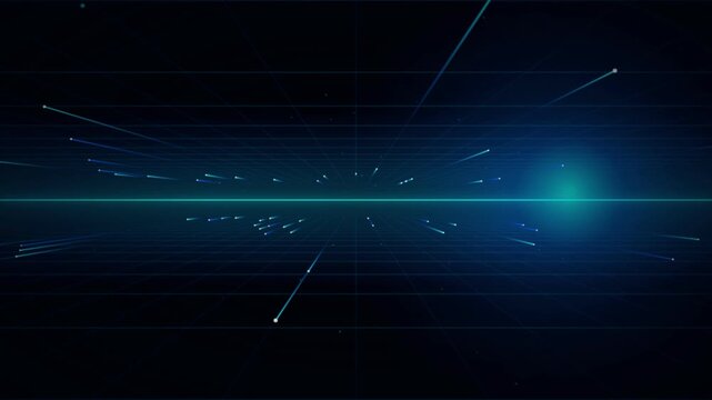 Abstract science fiction background with moving particles and grid lines, digital data stream in a dark blue space, loop ready animation.