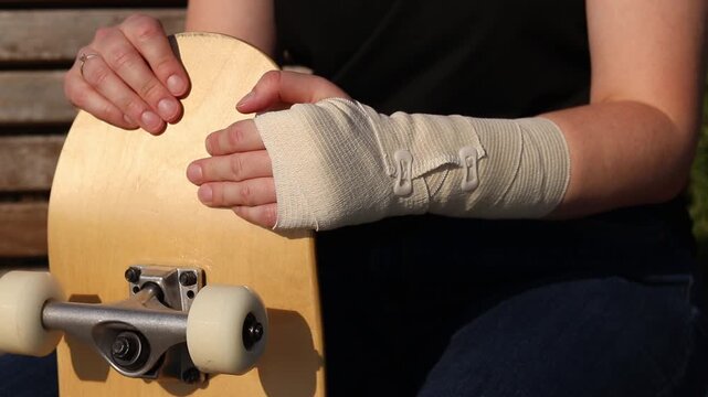 Unsuccessful fall from skateboard and hand injury. Injured hand in medical bandage next to skateboard close-up. Shot highlights risks of street sports, training failures and rehabilitation process