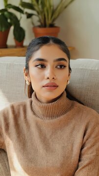 Young Woman in Turtleneck Sweater Poses Thoughtfully on Armchair &ndash; Portrait of Style and Contemplation