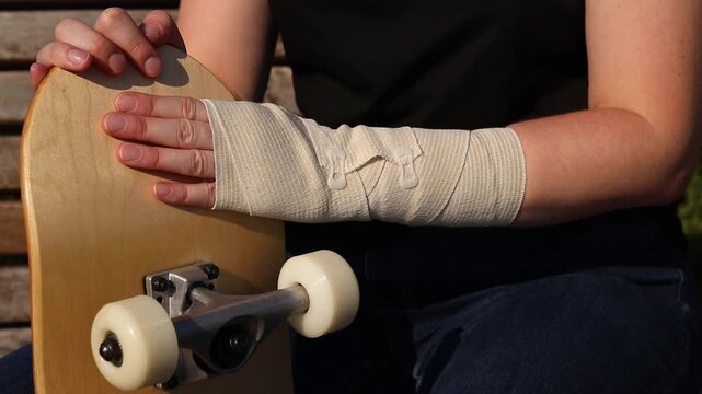 Wrist injury sustained while skateboarding. Close-up of girl's hand wrapped in elastic bandage, wooden skateboard next to it. Concept of sports injuries, first aid and safety during extreme sports