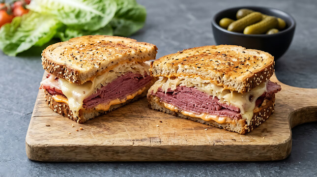 Two halves of a toasted reuben sandwich with corned beef, sauerkraut, and melted cheese on a wooden cutting board with pickles and lettuce