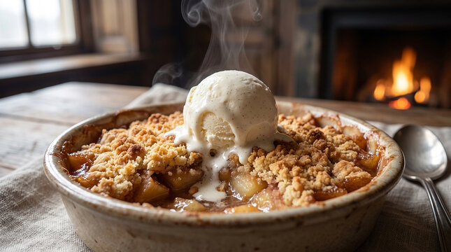 This beautiful and highly detailed stock photograph captures a perfectly delicious warm apple crumble served on a brown wooden table inside a luxury restaurant right now.