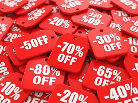 Pile of red sale discount tags with percent off labels