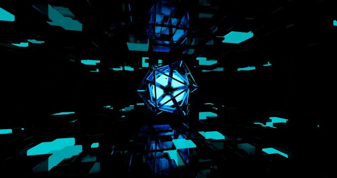 Geometric lantern moves through fragmented digital space futuristic scene