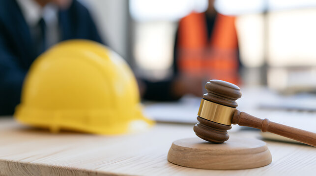Gavel and safety helmet on a wooden table with blurred construction professionals in background, symbolizing legal aspects of industry