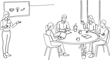 Fototapeta premium happy trainer teaching lifeskill and interpersonal skill lessons to the young CEOs. Business training and meeting concept.one line vector drawing