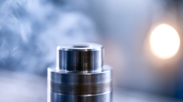 Abstract image features a shiny metal component emitting a wisp of smoke, with a brilliant bokeh light in the soft background