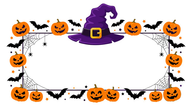 Halloween border frame with pumpkins and witch hat on white background