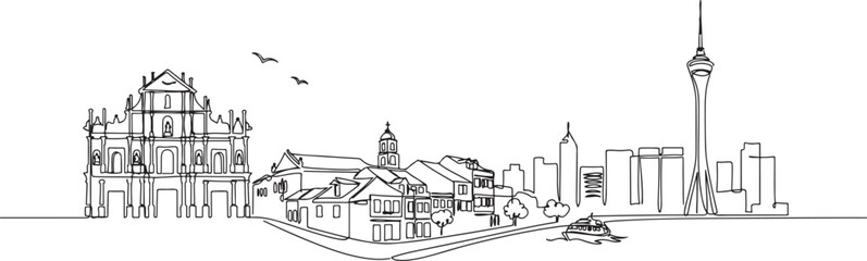 Fototapeta premium One single line drawing of Macau city skyline, China. Historical town landscape in the world. Best holiday destination.one line vector drawing