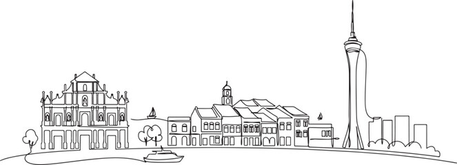 Fototapeta premium One single line drawing of Macau city skyline, China. Historical town landscape in the world. Best holiday destination.one line vector drawing