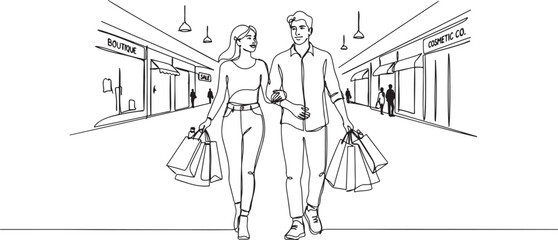 Obraz premium young happy romantic couple holding paper bags while shopping together at mall. Buying fashion and cosmetic concept.one line vector drawing
