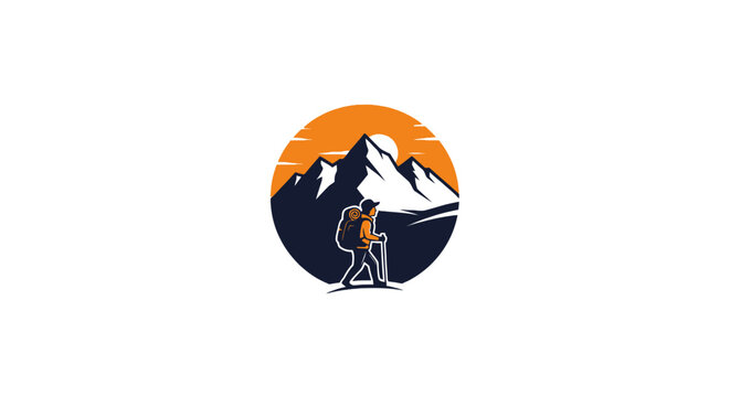 Mountain hiker silhouette logo in orange circular sunset.