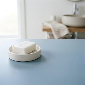 A plain white soap bar sitting in a small ceramic dish placed on the left third of a large soft blue bathroom surface, leaving most of the frame empty as negative space.