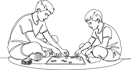Single continuous line drawing two brothers sitting and playing together on the floor. Playing the same game because of the same toy hobby.one line vector drawing
