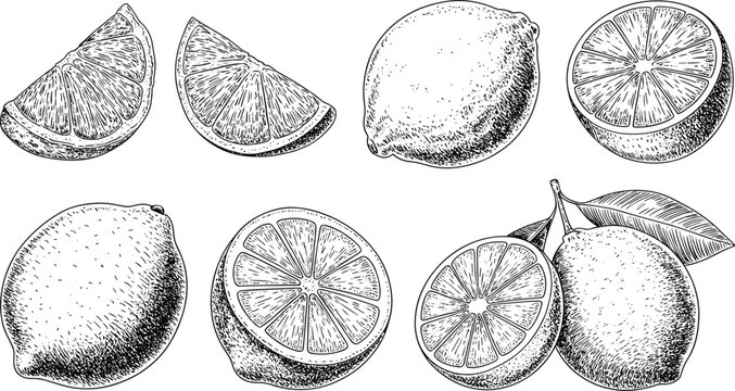 Citrus fruits flat vector illustration. Whole lemons, lime slices, and cut oranges present a rustic botanical harvest harvest collection.