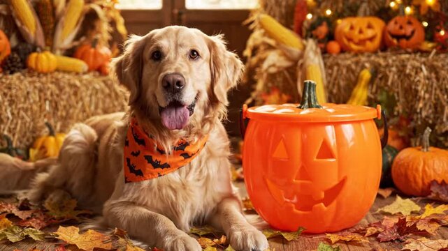 Golden Retriever dog with Halloween pumpkins and autumn leaves.