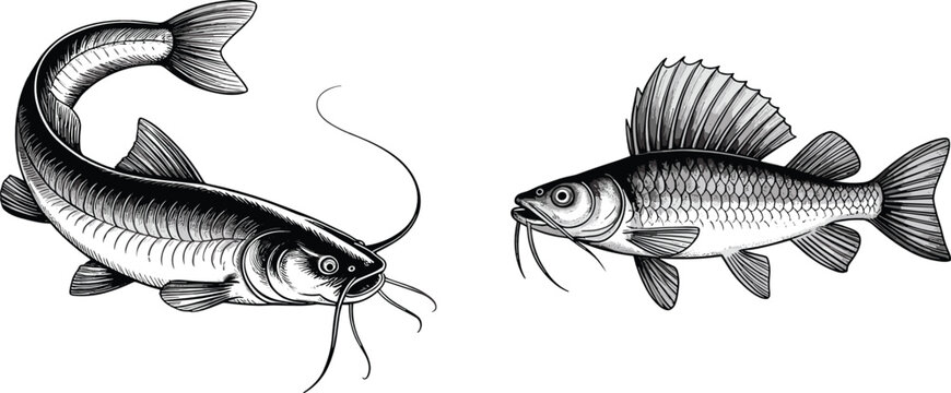 Vintage freshwater fish flat vector illustration. Detailed antique catfish and spiny ruffe species display highly detailed classic retro hand-drawn linework.