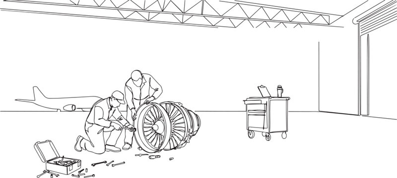 2 aircraft technicians dismantling aircraft engine. Working together makes everything easier. Aviation Maintenance Technician Day.one line vector drawing