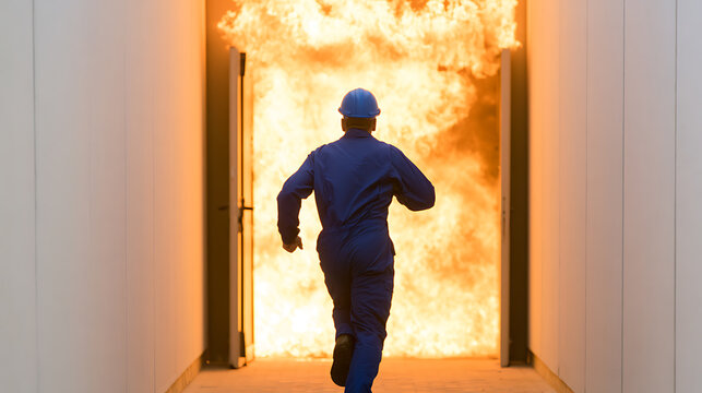 Person in protective gear run from intense fire at an exit, depicting danger, emergency, and a hazardous environment