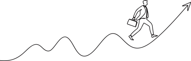 Obraz premium businessman walking on wavy upward arrow. Symbolize a challenging career path for a business concept.one line vector drawing