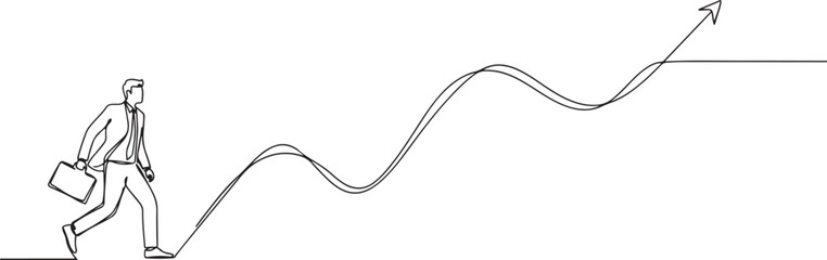 Fototapeta premium businessman walking on wavy upward arrow. Symbolize a challenging career path for a business concept.one line vector drawing