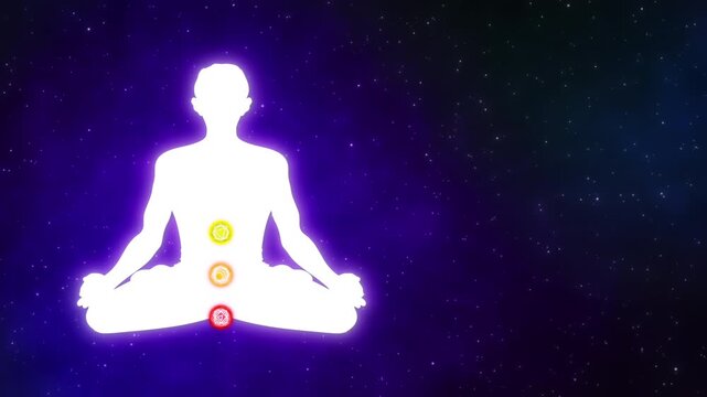 Seven Chakras activating on White Human Silhouette in Meditation on Cosmic Background with Copy Space