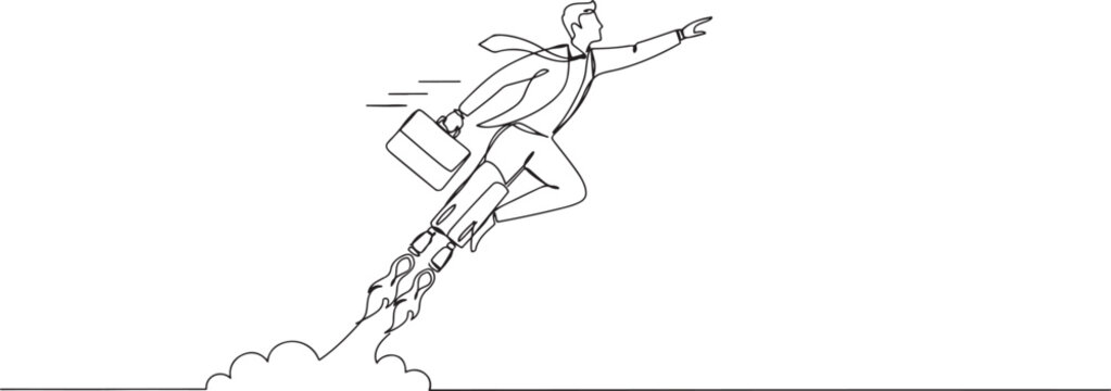 businessman flying upwards with a jetpack on his back, representing quick career progression and accelerated success.one line vector drawing
