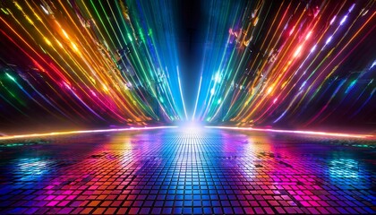 a radiant disco dance floor illuminated by a kaleidoscope of colorful lights