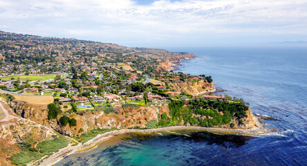 Fototapeta premium Aerial view of Palos Verdes Estates coastline with ocean and homes