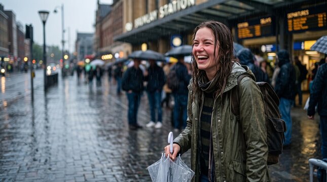 Joyful Woman in Rain: A woman with a radiant smile braves a rainy day, holding an umbrella as she walks in the bustling city street.