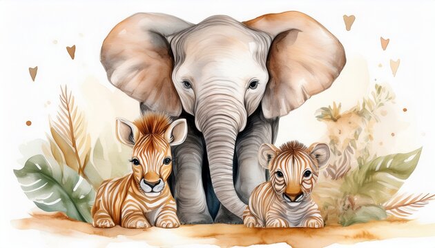 a whimsical watercolor of an elephant lion cub giraffe and zebra creates a cozy nursery vibe