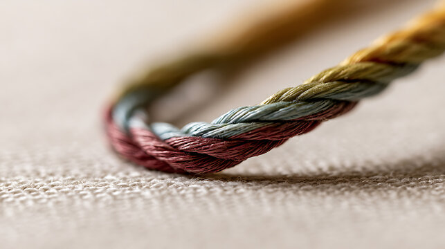 Close-up of a multi-colored woven thread detail on a beige textile background, showcasing fine texture and craftmanship, ideal for design concepts