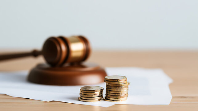 Law and finance concept with a judge's gavel and stacks of gold coins on a document, illustrating legal judgment and monetary aspects