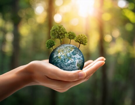 hand holding a small earth with trees to save and protect the planet in nature