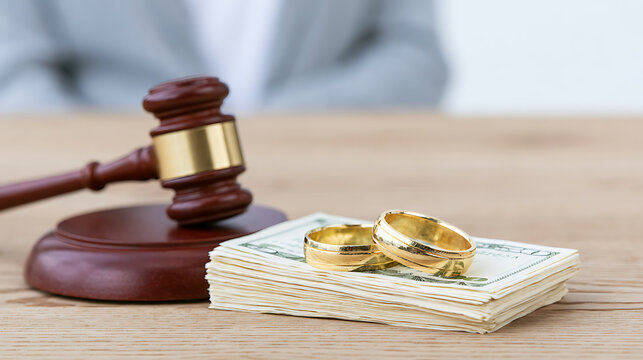 Legal process symbolize with gavel, wedding rings, and money, concept of financial consequences of marriage dissolution and legal settlements