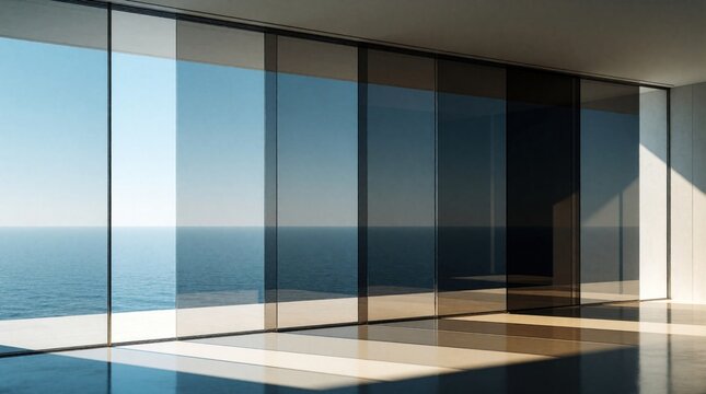 Modern smart glass window panels show electrochromic tinting effect in luxury house interior. Gradient layers change transparency from clear to dark charcoal shade. Advanced digital tech controls
