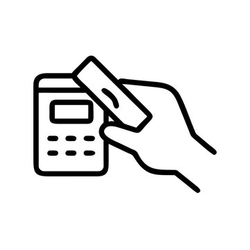 Hand holding access card to payment terminal icon outline.