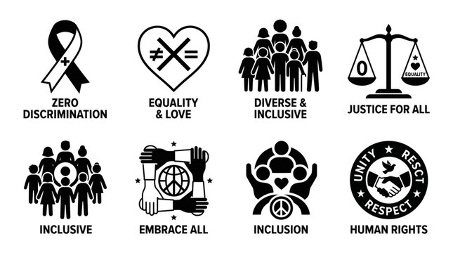 A set of monochromatic vector icons representing human rights, social equality, diversity, inclusion, and justice for all, designed for social campaigns.