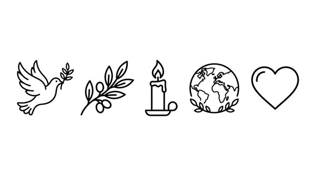 Line Art Set Featuring Symbols of Peace Including a Dove, Olive Branch, Candle, Globe, and Heart for Global Unity and Harmony Concepts