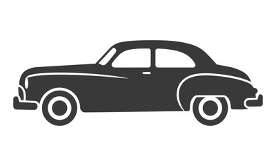 Fototapeta premium Minimalist side profile icon of a classic vintage sedan car with clean aerodynamic lines and simple geometric shapes isolated on a white background automotive concept