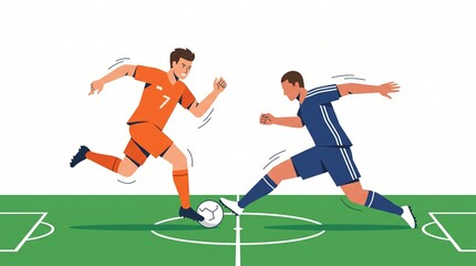 Fototapeta premium Minimalist flat vector illustration of a soccer match, two stylized players competing for a ball on a green field, dynamic action pose, clean lines and modern aesthetic.